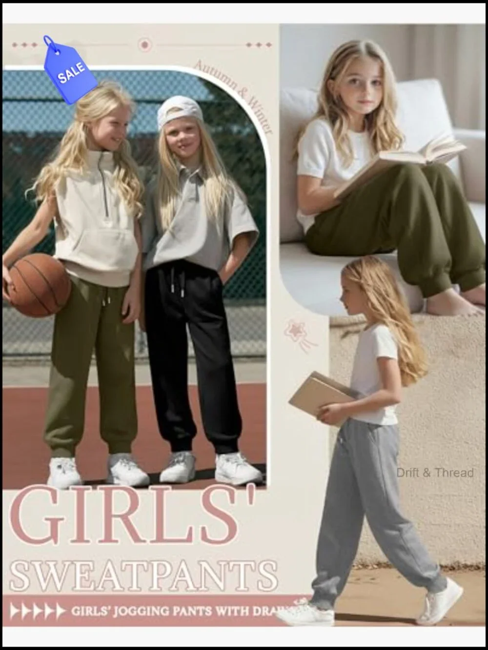 3 Pack Girls Sweatpants Joggers Baggy Lightweight Athletic Drawstring Pants
